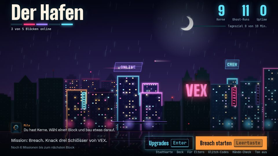 Screenshot von Typcoon: Nightcode: eine Stadt bei Nacht mit ein paar Blöcken in Neonlicht, Mentorin Mila am Funk und eine Mission, die gleich beginnt.