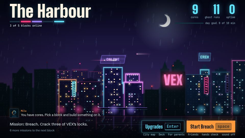 Screenshot of Typcoon: Nightcode: a city at night with a few blocks lit in neon, Mila the mentor on the radio and a mission ready to start.