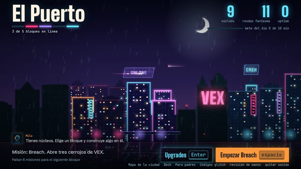 Captura de pantalla de Typcoon: Nightcode: una ciudad de noche con algunos bloques iluminados de neón, Mila, la mentora, en la radio y una misión lista para empezar.