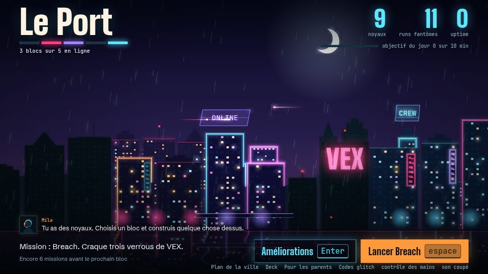 Capture d’écran de Typcoon: Nightcode : une ville de nuit avec quelques blocs éclairés au néon, Mila la mentore à la radio et une mission prête à démarrer.