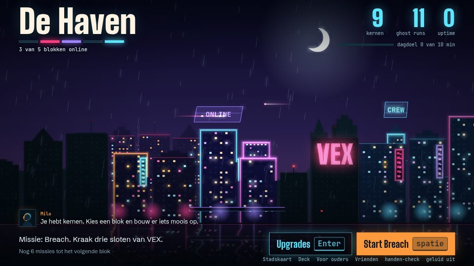 Screenshot van Typcoon: Nightcode: een stad bij nacht met een paar blokken in neon aan, mentor Mila op de radio en een missie klaar om te starten.